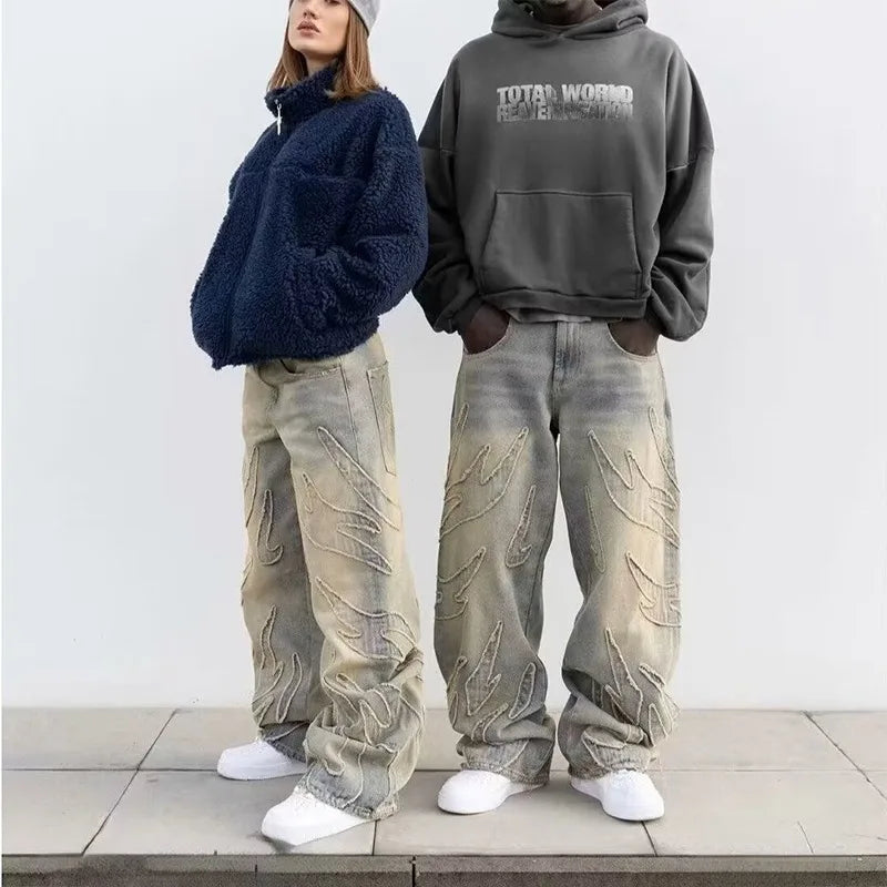 Street New Edge Embroidery Black Baggy Jeans Wide Leg Denim Pants Mens Y2K Harajuku Retro Graphic Patch Jeans Hip Hop Gothic Raw