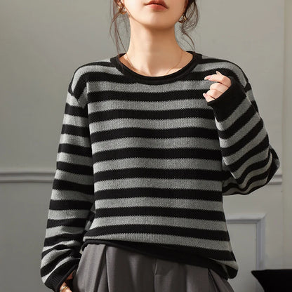 Fashion 100% pure cotton women's sweater autumn and winter casual striped knitted top loose Korean round neck women's pullover