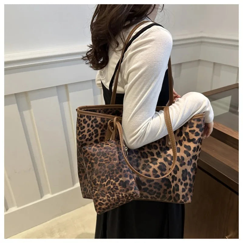 Leopard Print Tote Bag - Women's PU Leather Large Capacity Casual Travel Purse
