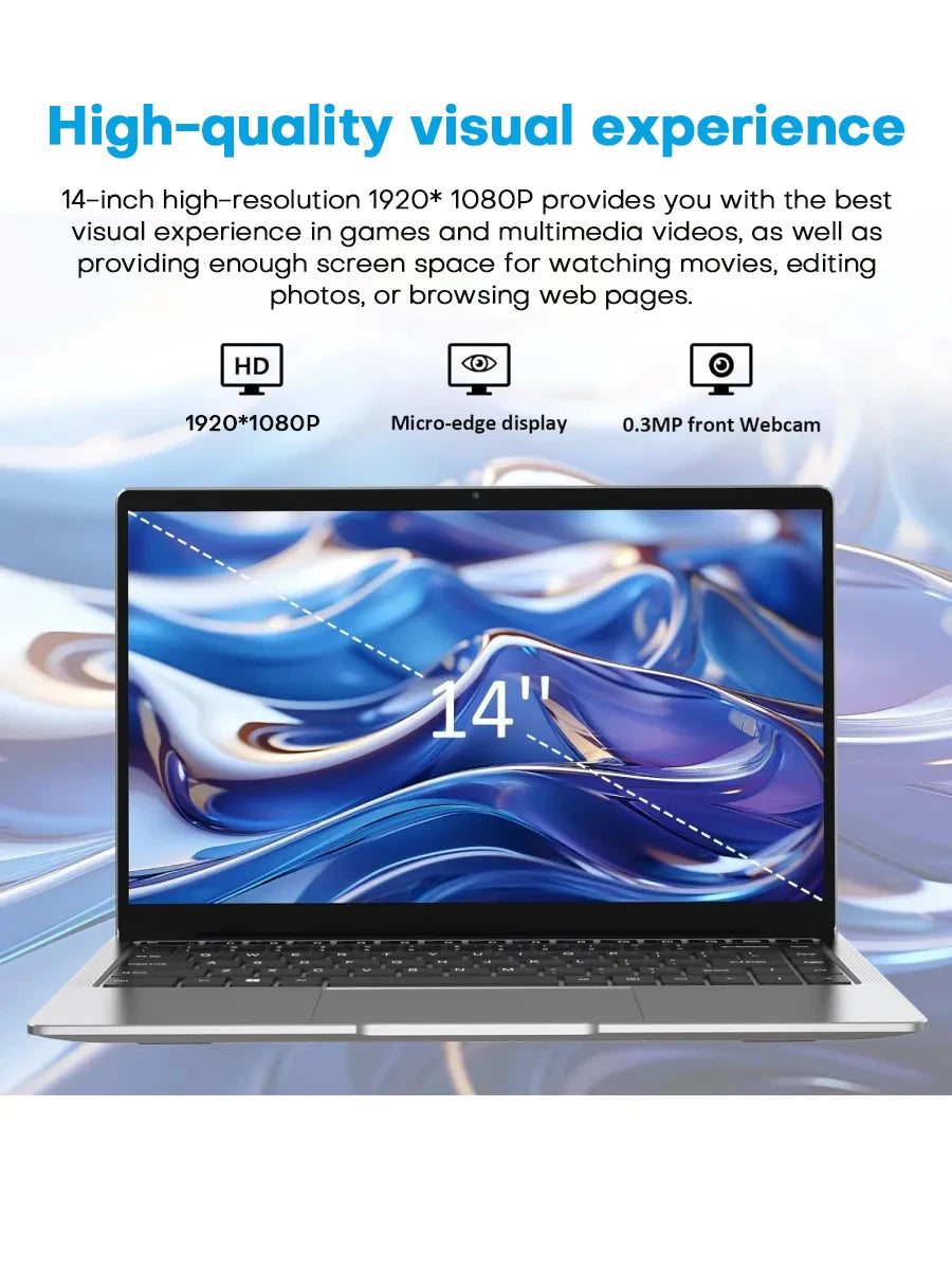 Xiaman Ultra Slim Windows 11 Laptop Computer 14.1" 12GB RAM 1TB SSD Intel Atom A3950 Notebook 1920*1080 Office Study Computer PC