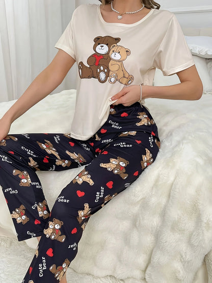 Standard Size Women's Four Seasons Spring and Summer Casual Loose Casual Cartoon Printed Short-Sleeved Shorts Women's Pajamas Set