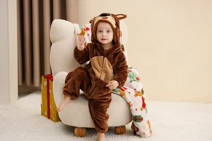 Baby Winter Rompers - Soft Polyester Hooded Jumpsuit With Animal Pattern, Machine Washable