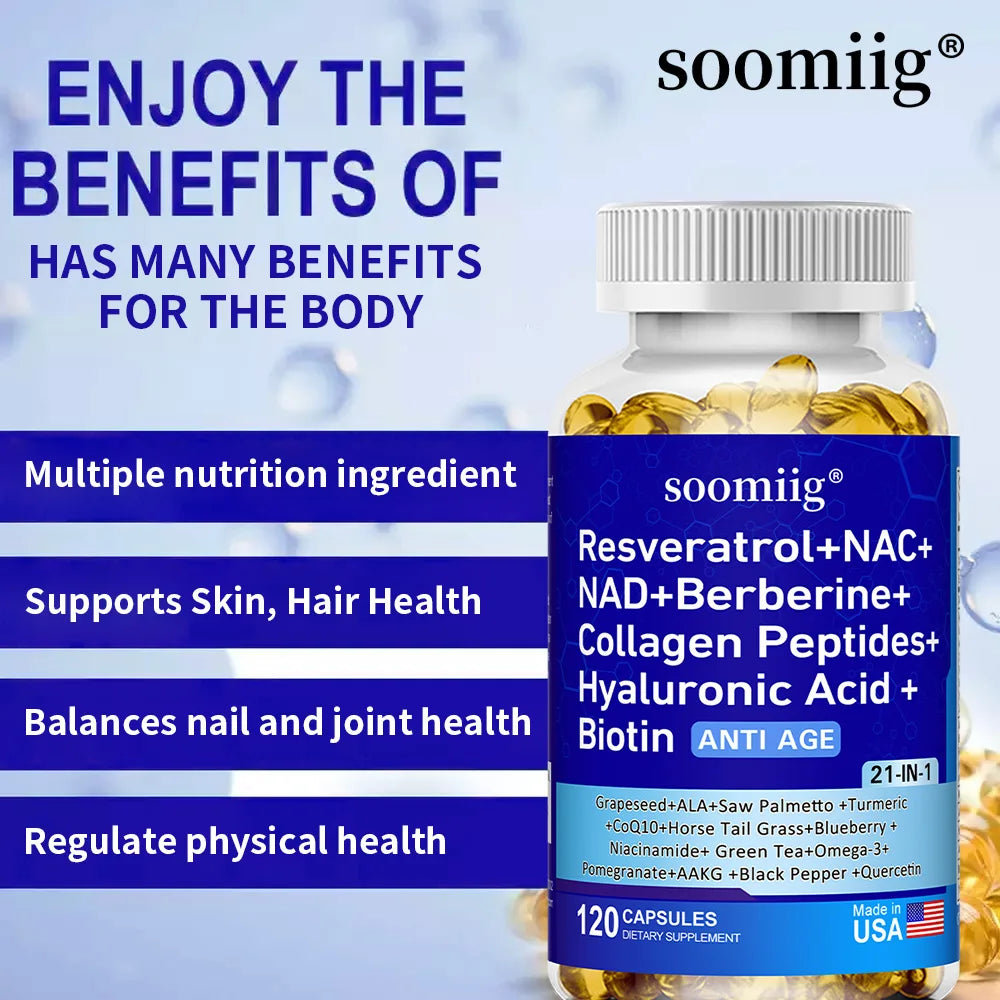 NAD +,Containing Resveratrol,Collagen Peptides,Turmeric and More 21-in-1-Enhances Cell Vitality,Promotes Cell Repair,Anti-aging