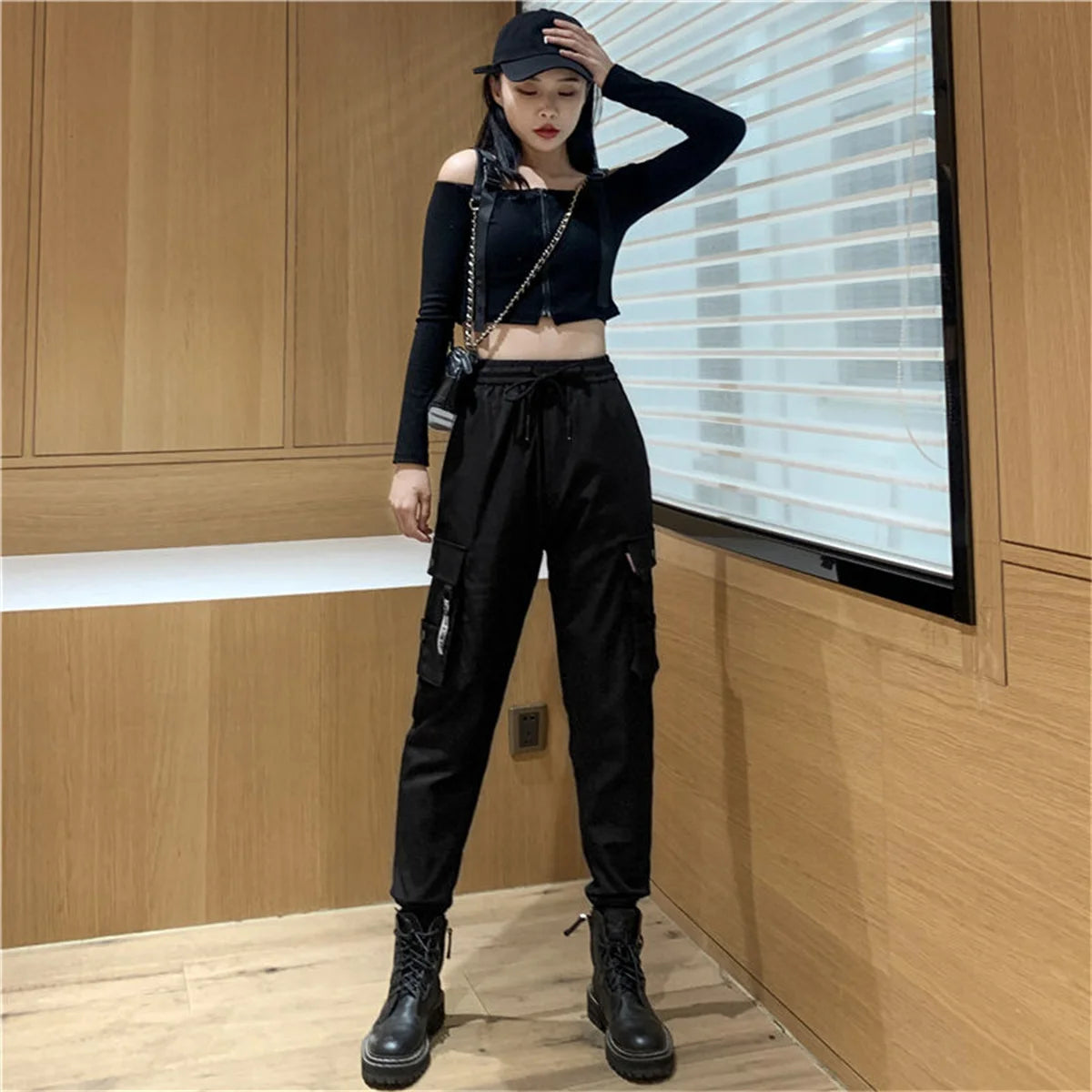 Black Fashion Korea Cargo Pants Women High Waist Baggy Tactical Sweatpants Fashion Hip Hop Harajuku Joggers Trousers Female