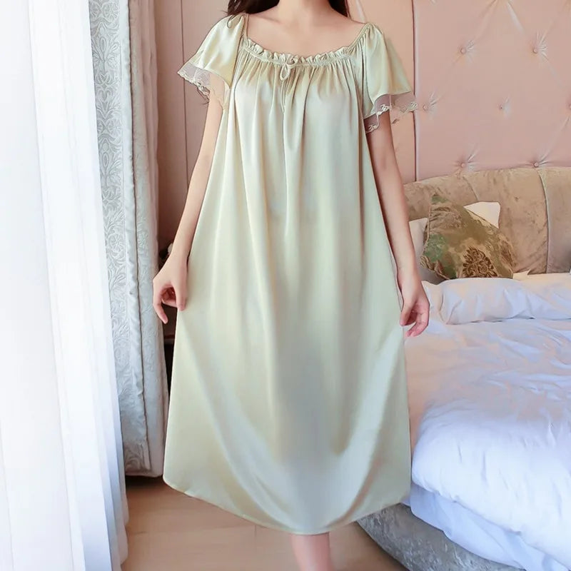 Ice Silk Lace Long Sleepwear V-neck Sleepwear Set Nightdress Homewear Nightwear Pyjamas Female  Nightgown Loose Plus Size