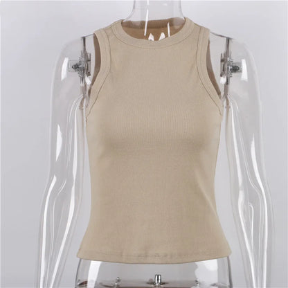 Ribbed Knitted Tops Neck Summer Basic Shirts White Black Casual Sport Vest Off Shoulder Green Women's Tank Top