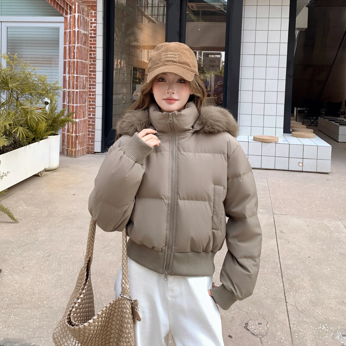 Hooded Puffer Jacket Women Winter Thick Warm Short Coat With Fur Collar Cinched Waist Plush Casual Sweet Streetwear Outerwear