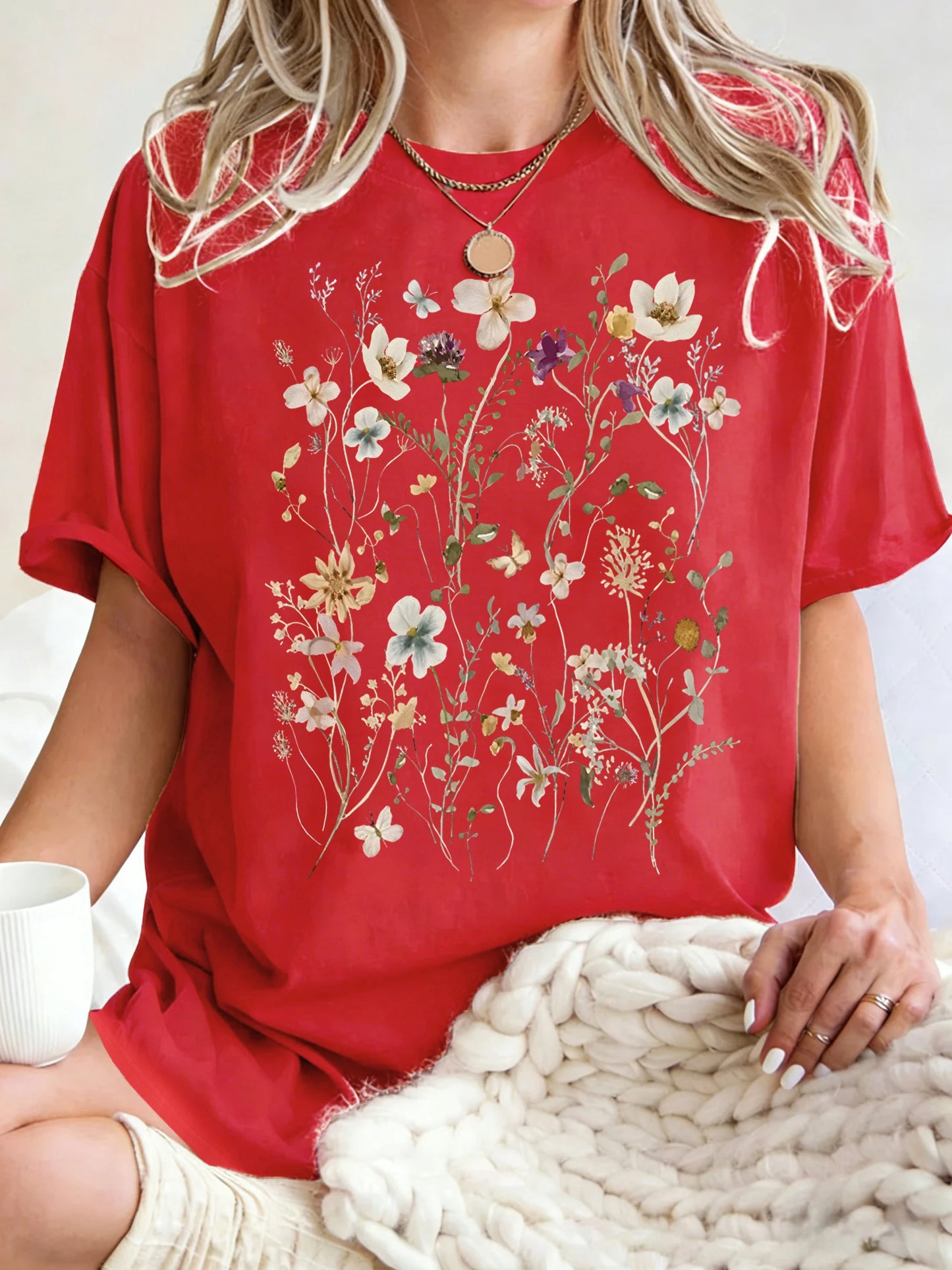 Beautiful Flower Clusters Printing Woman T-Shirt Summer Oversized Short Sleeve O-Neck Cotton T Shirts Y2K Women Sports Tops