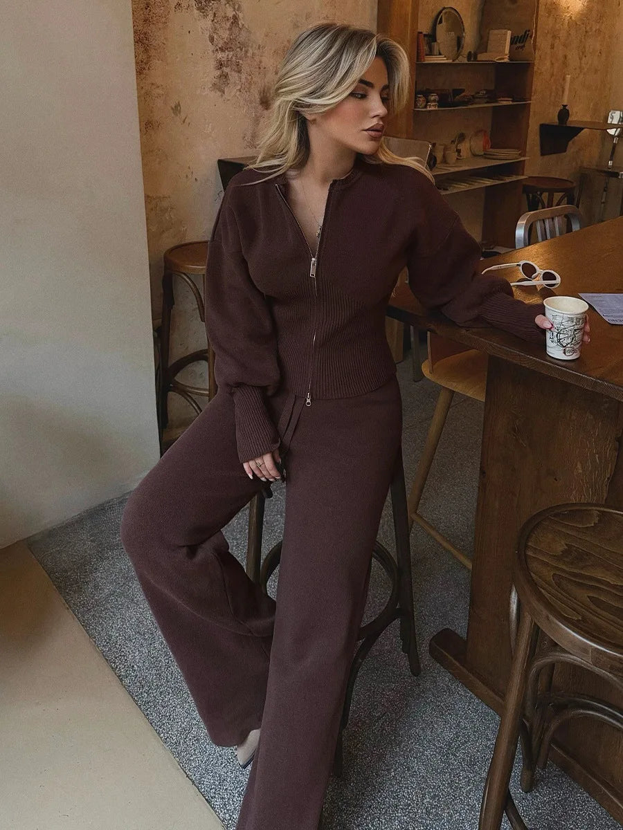 Bornladies 2026 Spring  New Knitted Wo-piece Set Zipper Top High-waisted Elastic Waist Straight Pants Set Mininalist Casual Suit