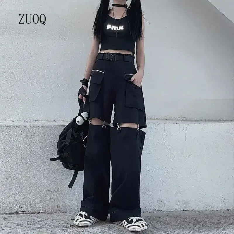 New 2025 Streetwear Black Pants for Women Fashion High Waist Detachable Streetweart Cargo Pants Woman
