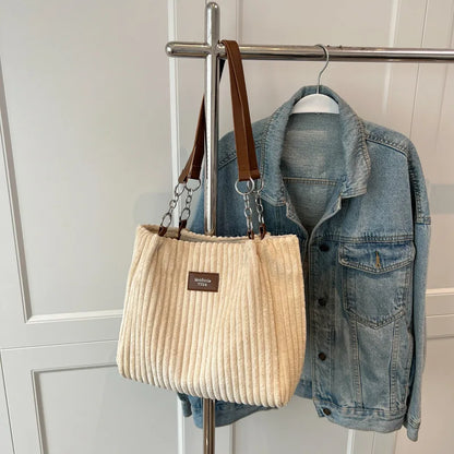 Corduroy Shoulder Handbag – Women's Soft Cotton Shopping Bag With Zipper Closure