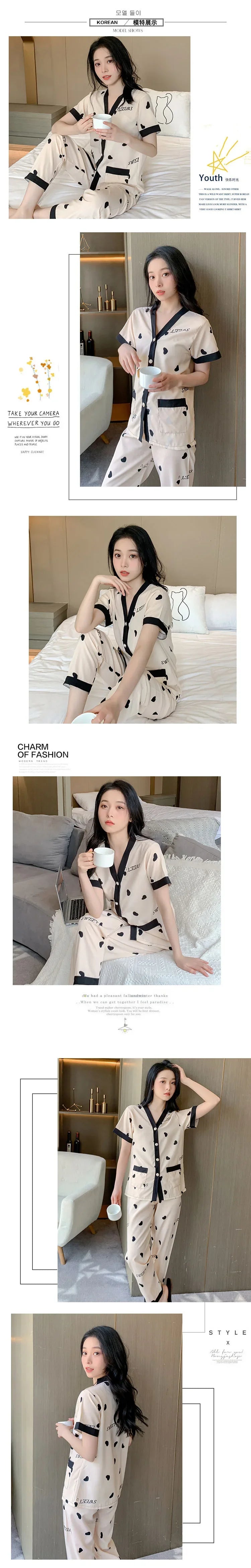 Korean Pajamas Set for Women Summer Spring Kimono Sleepwear Girls Fashion Cute Ladies Pyjama Bow Pijamas Japanese Loungewear