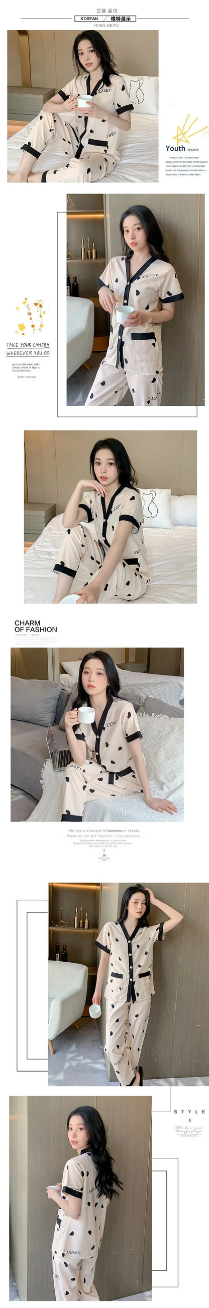 Korean Pajamas Set for Women Summer Spring Kimono Sleepwear Girls Fashion Cute Ladies Pyjama Bow Pijamas Japanese Loungewear