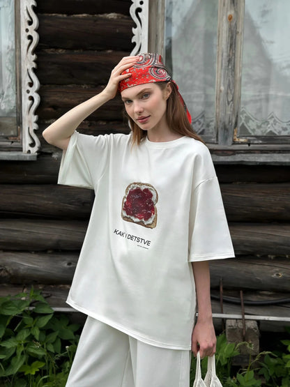Sunuyoo Summer New Printed T-Shirt 100% Cotton Women's Fashionable O-Neck Loose Short Sleeved Female Casual Cute Top