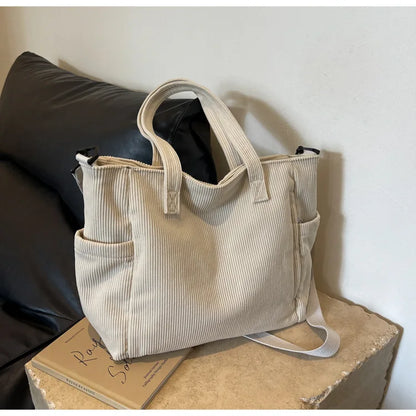Corduroy Shoulder Bag - Large Capacity Crossbody Zipper Closure Purse