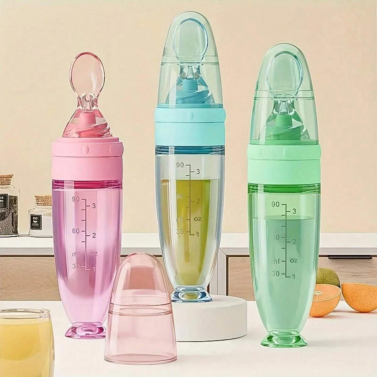 New 90ml/3OZ Colorful Silicone Baby Bottle Feeder with Soft Spoon, Suction Cup and Dust Cap, Portable Squeeze Feeding Bottle