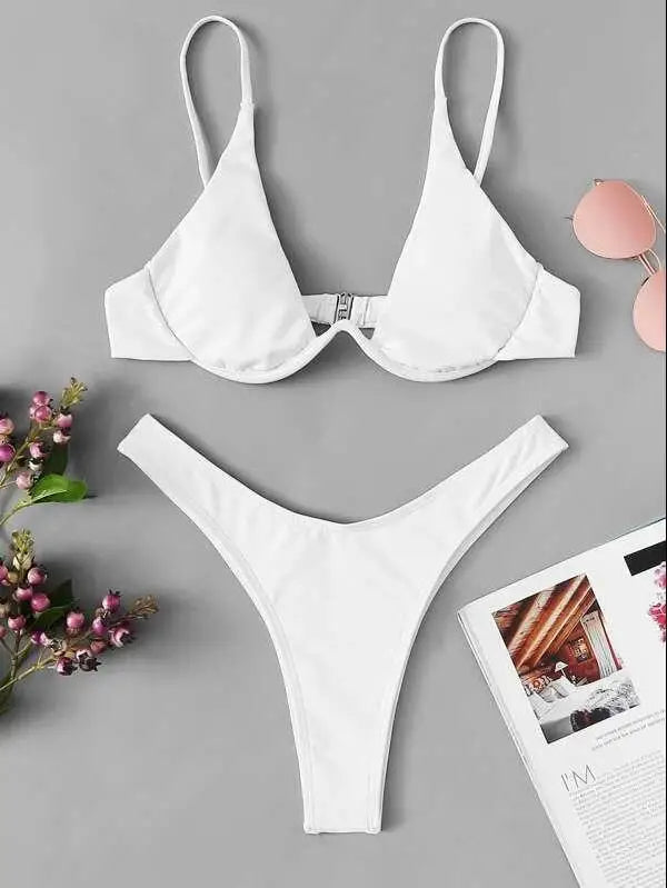 2026 Summer New Two Piece Women's Solid Color Sexy Bareback Bikini Split Swimsuit Bikini Set High Waist Beach Vacation