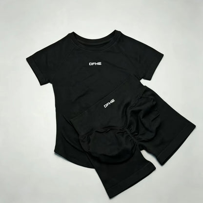 DFHE 2 Piece Athletic Tracksuit, Seamless Short Sleeve Yoga Wear, High Stretch Running Shorts, Gym Training Outfit