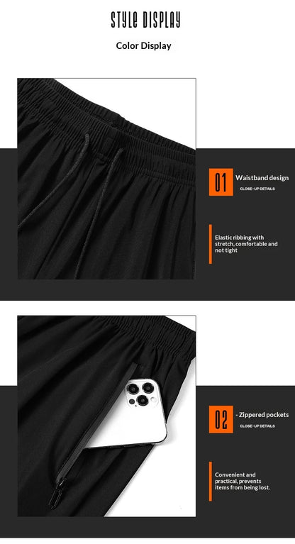 Men's Ice Silk Casual Pants Summer Quick Dry Lightweight Joggers with Zipper Pockets Elastic Waist Sports Trousers for Running F