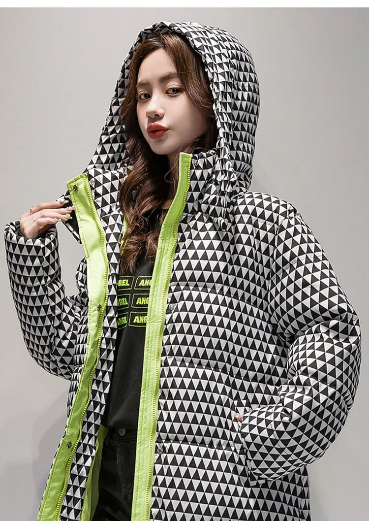 2023 Winter Warm  Plaid Long  Coat Women ' s Fashion Thicken Hooded Puffer Jacket Female Windproof Warm Outwear