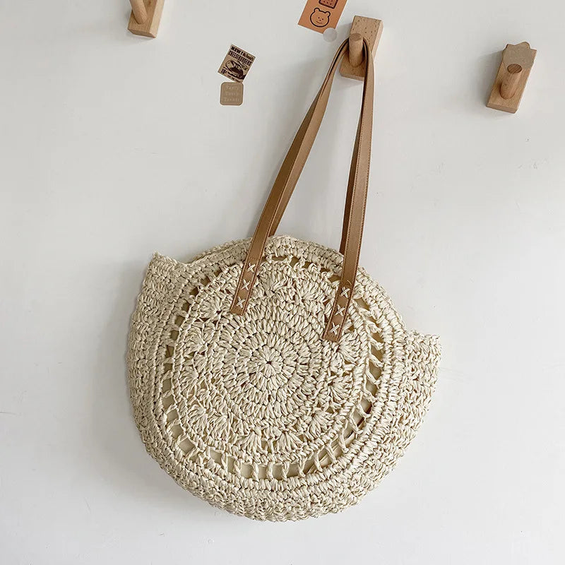 Vintage Woven Straw Beach Bag - Handmade Raffia Rattan Shoulder Bag