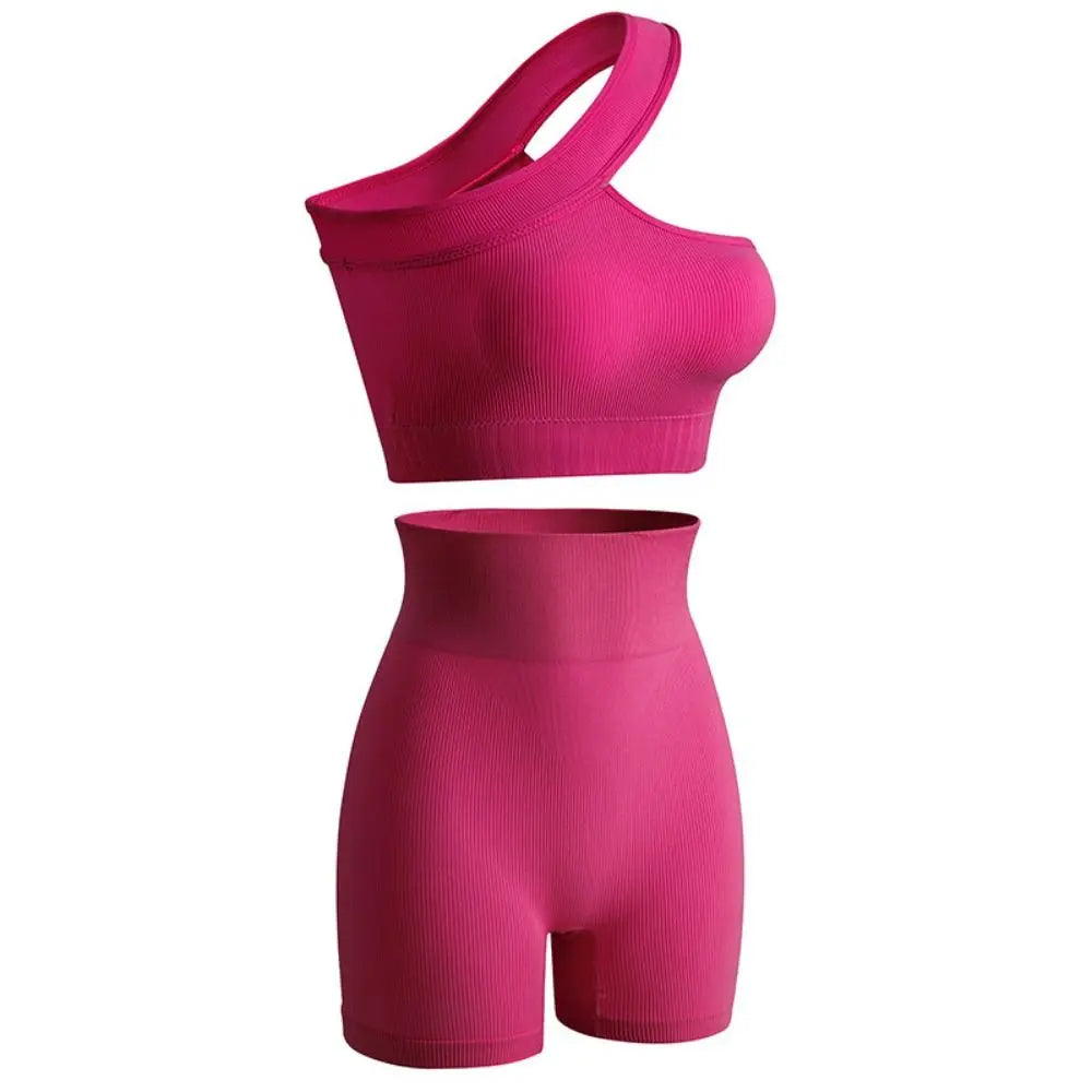 2Pcs Reusable Seamless Women Workout Sets High Waist One Shoulder Active Wear Ribbed Tank Tops Yoga Outfits Fitness