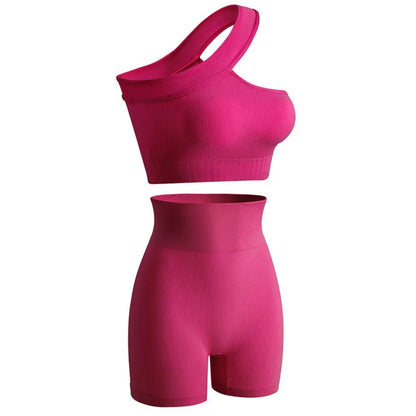 2Pcs Reusable Seamless Women Workout Sets High Waist One Shoulder Active Wear Ribbed Tank Tops Yoga Outfits Fitness