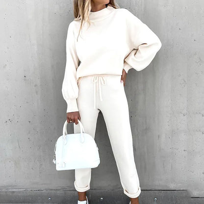 2025 Autumn and Winter Women's Sweater High Collar Casual Pure Color Trousers Two-piece Set