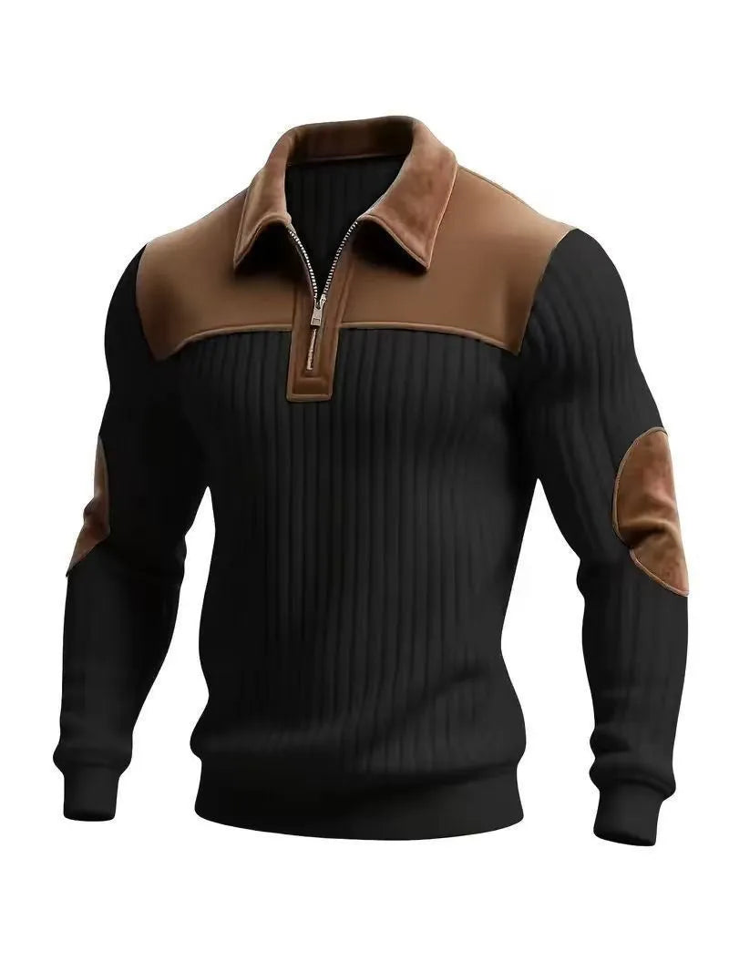 New Arrival Men Color Block Corduroy Collar Ribbed Long Sleeve Half Zip Polo Sweater Elbow Patches Casual Pullover Sweatshirts