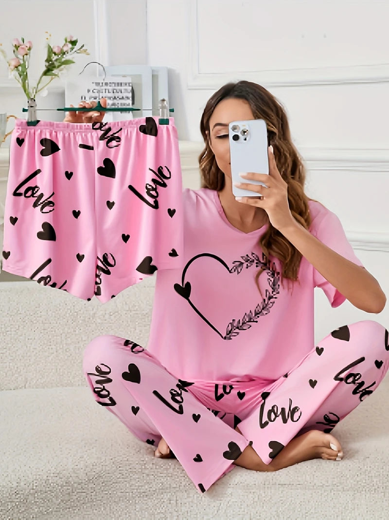 Women's Short Sleeve Crew Neck Top With Shorts And Pants 3 Piece Loungewear Sleepwear Lounge Sets Nighty Print Casual Pajama Set