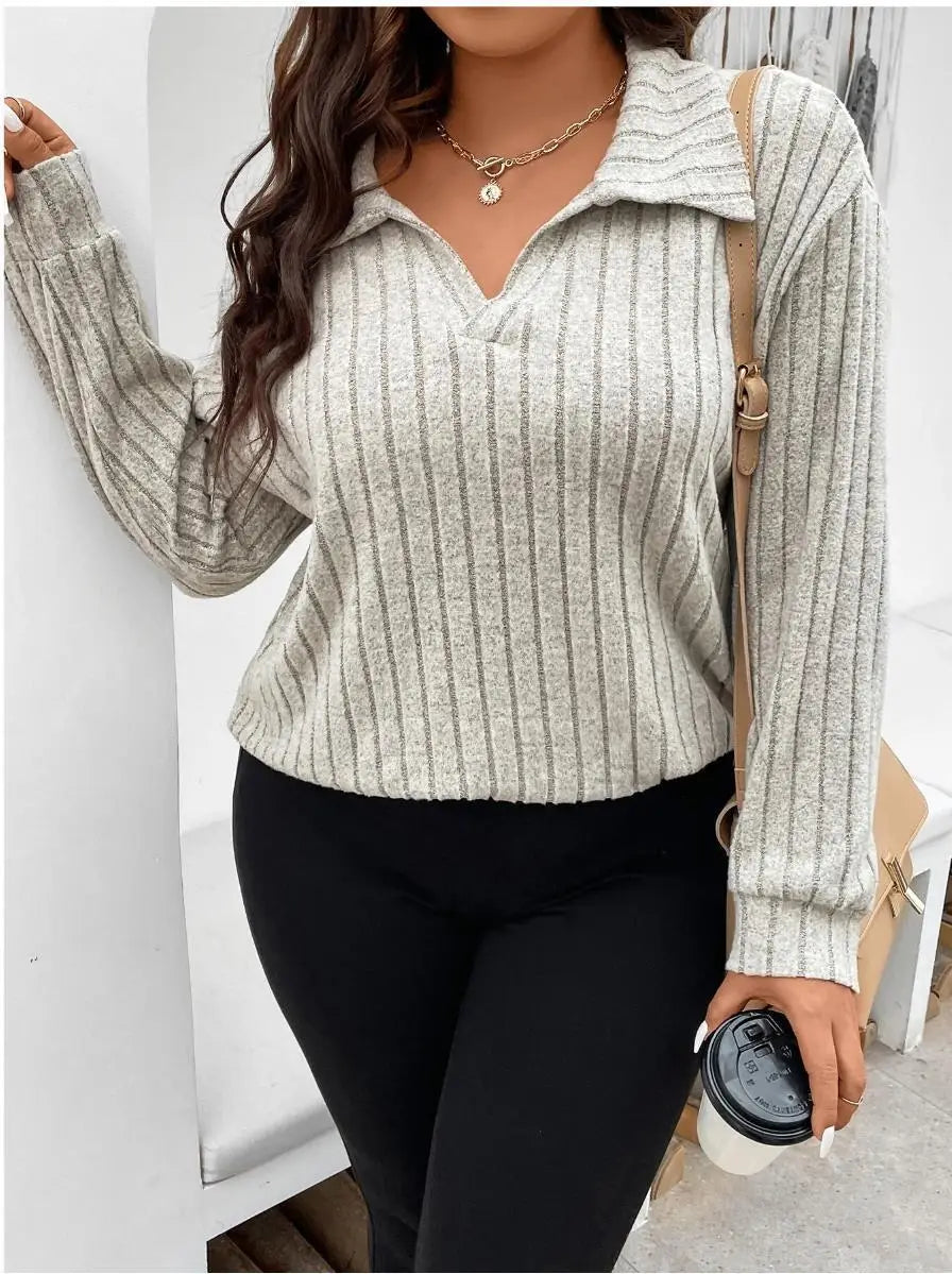 Plus Size Tshirt - Women's Casual Ribbed Knit Long Sleeve Polo Collar Tee