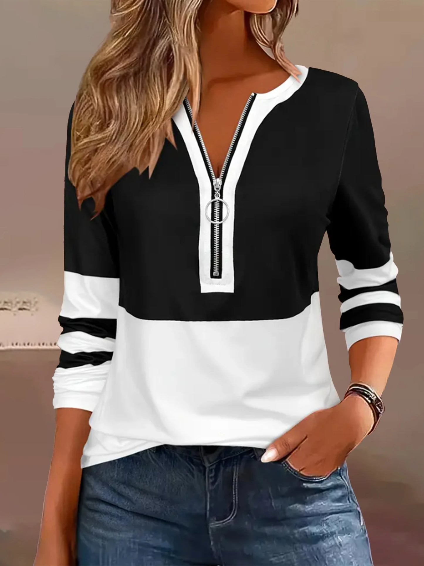 Plus Size Long Sleeve T-Shirt – Loose Fit Striped Top with Color Block Zipper
