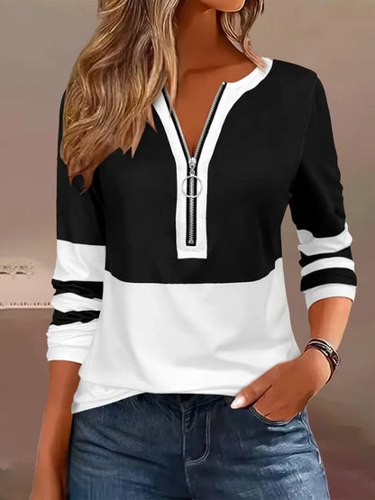 Plus Size Long Sleeve T-Shirt – Loose Fit Striped Top with Color Block Zipper