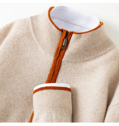 Men's 100% Cashmere Pullover Sweater Autumn/Winter Business Leisure Color Block Knitted Loose Fit Half High Collar Zipper Top