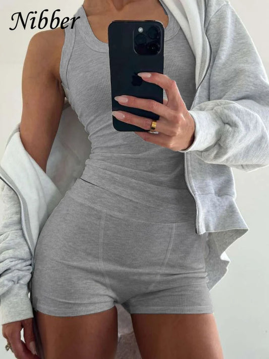 Nibber Ribbed Casual 2 Piece Set Women Tracksuit Sporty Square Collar Tank Tops+Shorts Suit Streetwear Simple Matching Outfits