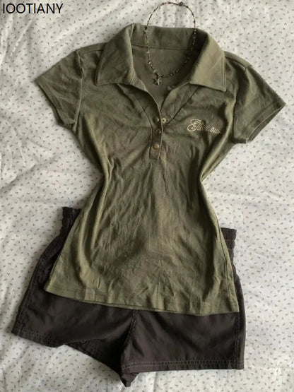 Vintage Polo Shirt Y2k Women's Gothic Style V-neck Slim Harajuku American Letter Print Punk Army Green Short Sleeve T-shirt 2025
