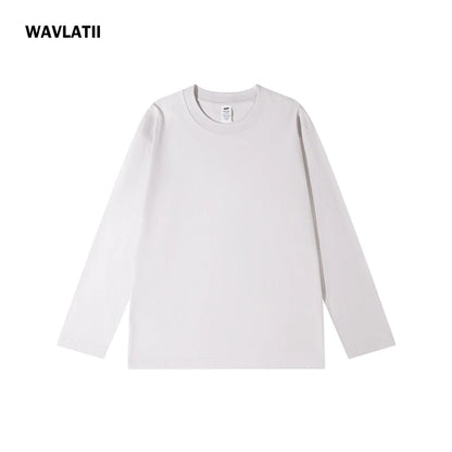 WAVLATII New Women Long Sleeve T shirts Female Blue 230 GSM Casual Oversized Tess Lady Solid Basic White Black Tops WLT2470