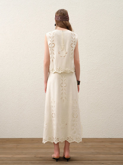 FSLE【Premium Series】Summer Women Linen Two Piece Set Cut-Out Embroidered Sleeveless Top Midi Skirt Boho Beach Vacation Style