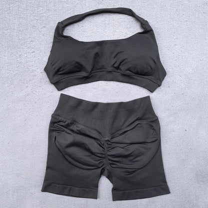 Shorts Set 2 Pieces Seamless Yoga Set Workout Tracksuit Women Halter Sport Bra And Low Waist Scrunch Bum Gym Shorts Suits