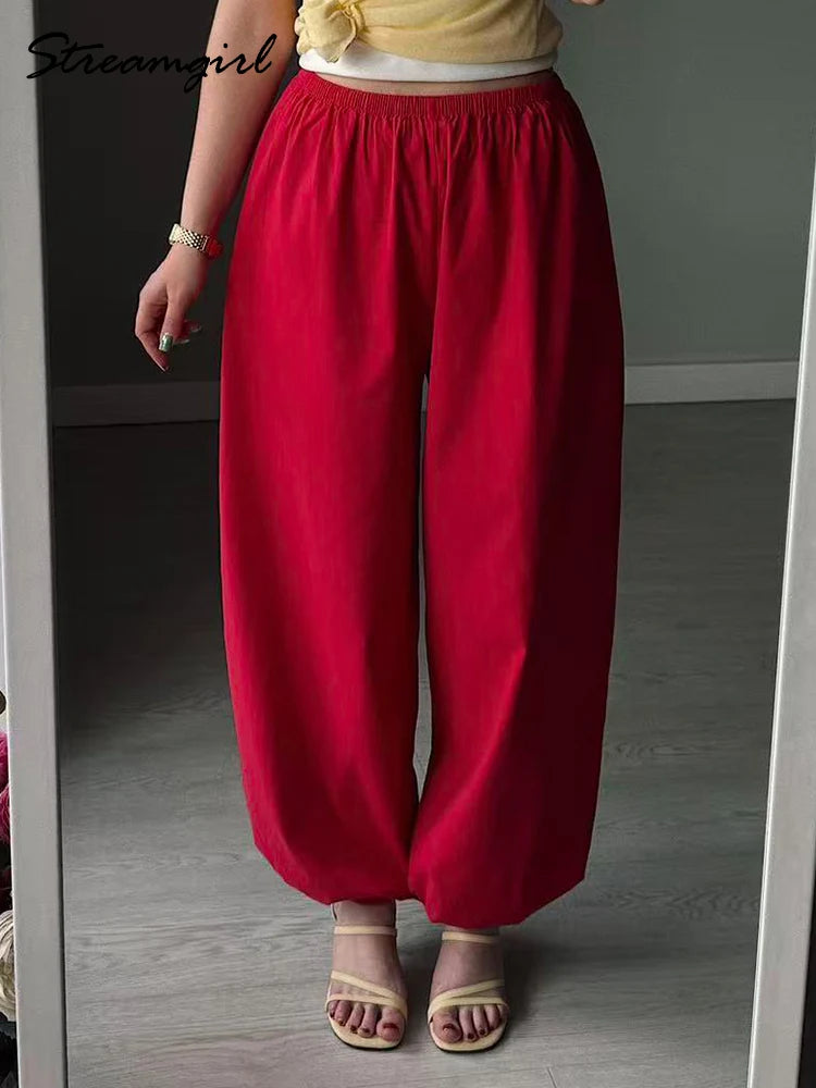Wide Leg Red Pants For Women Cotton Long Bloomers White Autumn Elastic Waist Lantern Trousers Women Straight Practice Pants Lady