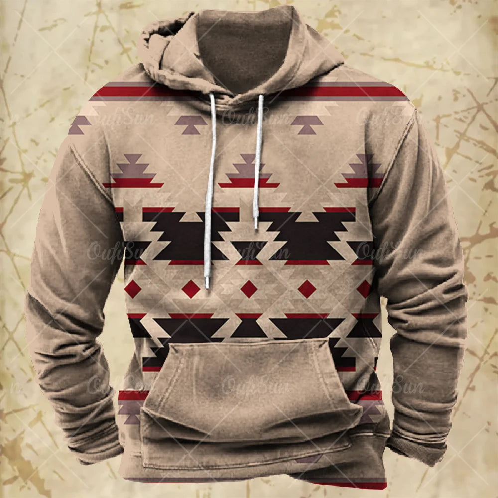 Men Hooded Vintage Print  Sweatshirt Ethnic Style Hoodie Autumn and Winter Oversized Casual Men's Clothing Daily Street Pullover