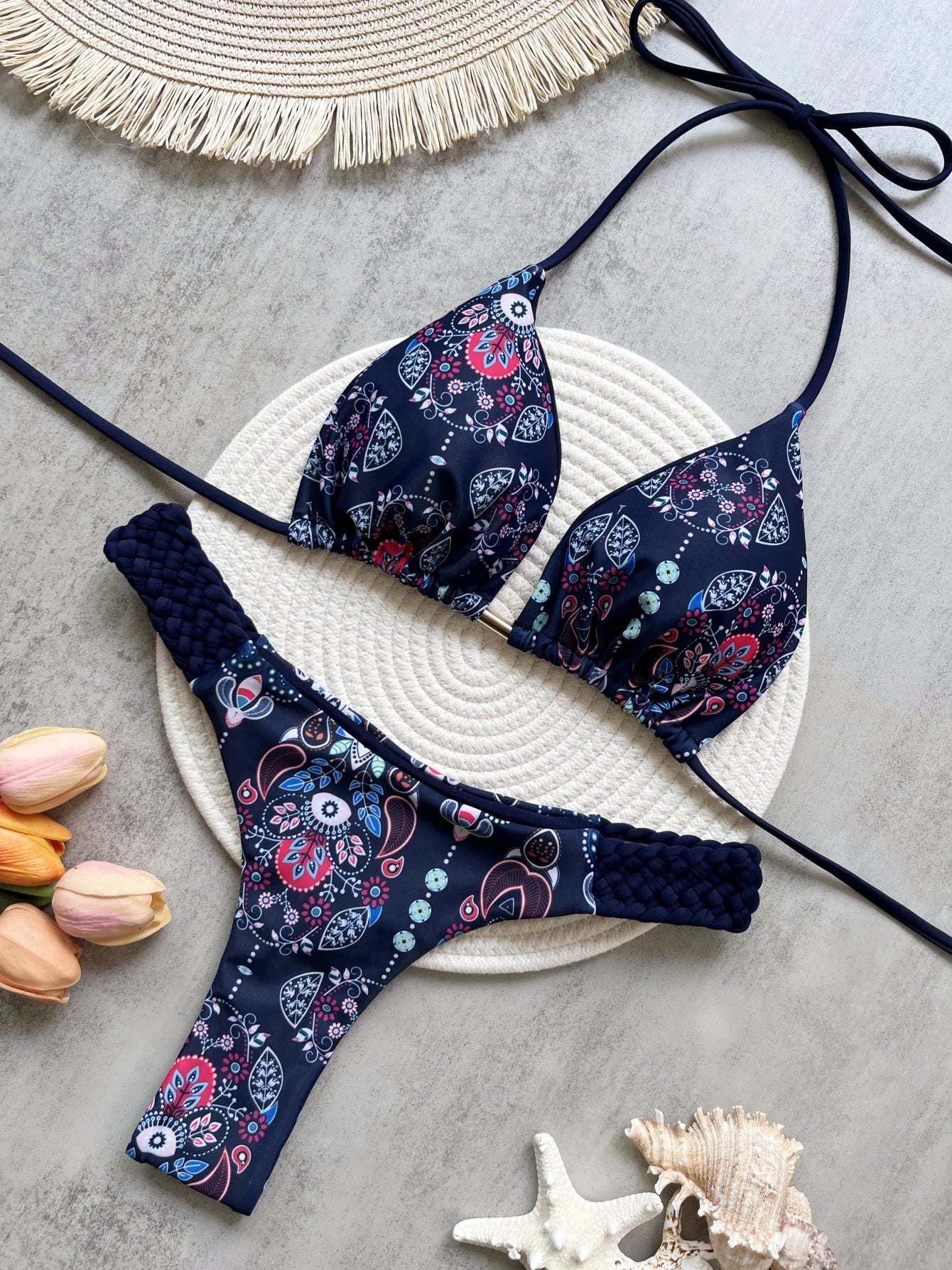 Halter Mini Bikini - Two-Piece Swimsuit With High Cut, Printed Bikini Set For Women