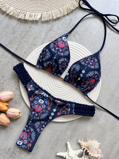 Halter Mini Bikini - Two-Piece Swimsuit With High Cut, Printed Bikini Set For Women