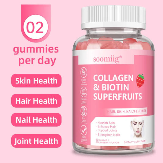 Collagen Gummies with Biotin for Hair Growth,Brightening Skin,Nails,Bones,and Joints-Suitable for Unisex,60 Gummies