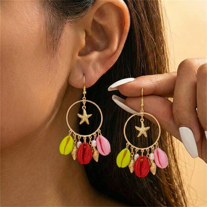 Boho Stone Hoop Earrings – Starfish & Shell Dangle (Y2K Beach)