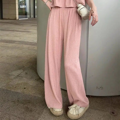 Faionable round Ne Svel Top High Waist Straight Leg Pants Women's Summer New Sle Korean Version Two-Piece Set