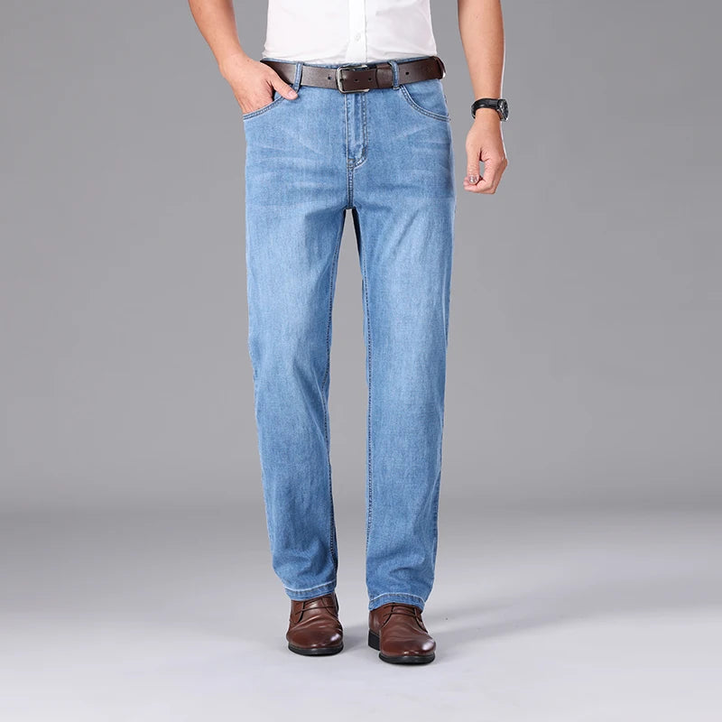2026 Summer Brand Clothing Men's Straight Loose Lightweight Jeans Classic Badge Business Casual Thin Cotton Stretch Pants