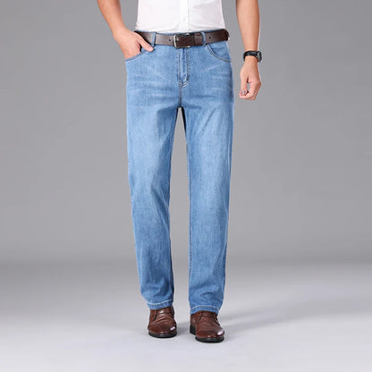 2026 Summer Brand Clothing Men's Straight Loose Lightweight Jeans Classic Badge Business Casual Thin Cotton Stretch Pants