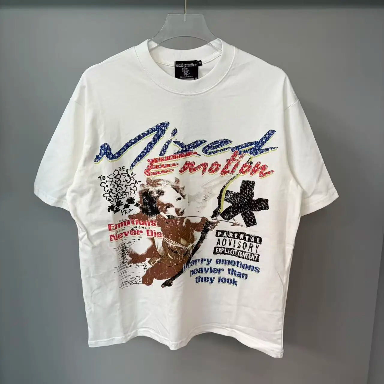 141# New fashion trend brand MIXEDEMOTION printing Shirt Streetwear Cotton Loose Round Neck Oversized Tee Top men t-shirt