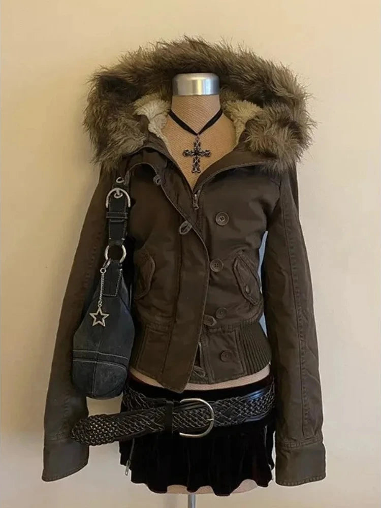 Vintage Punk Style Hoodie Long Sleeve Faux Fur Women Casual Zipper Hooded Gothic Y2K Subculture Harajuku Sweatshirts Autumn